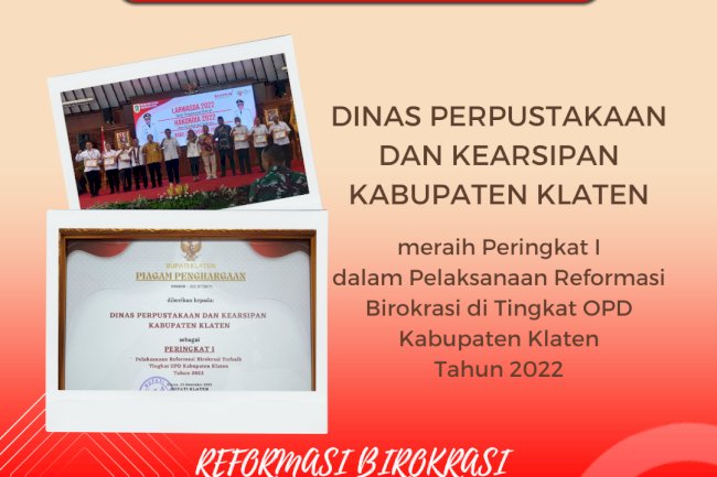 Dispersip Klaten meraih Peringkat I Terbaik dalam Pelaksanaan Reformasi Birokrasi