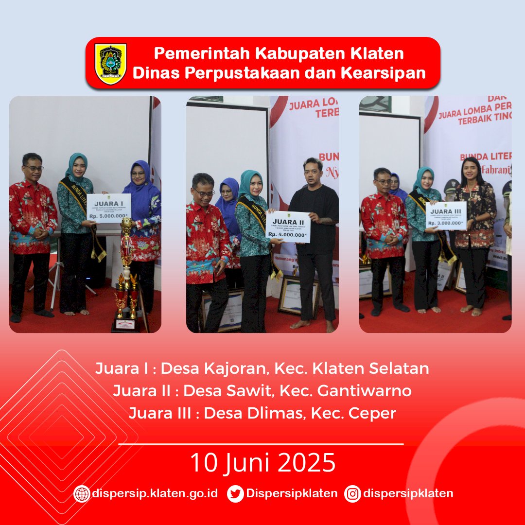 Bunda Literasi Klaten Serahkan Penghargaan kepada Pemenang Lomba Perpustakaan Desa/Kelurahan Terbaik 2025
