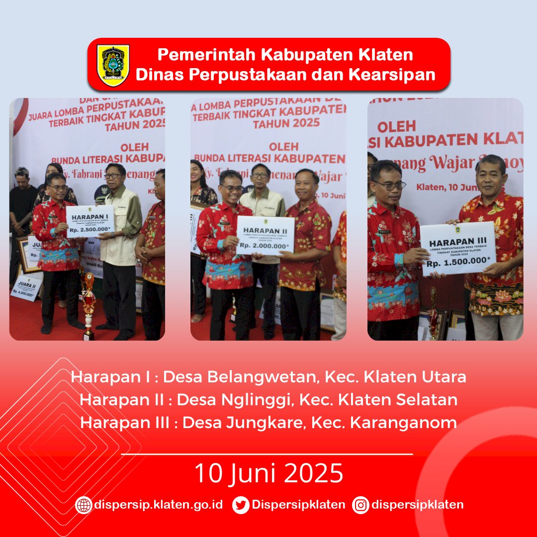 Bunda Literasi Klaten Serahkan Penghargaan kepada Pemenang Lomba Perpustakaan Desa/Kelurahan Terbaik 2025