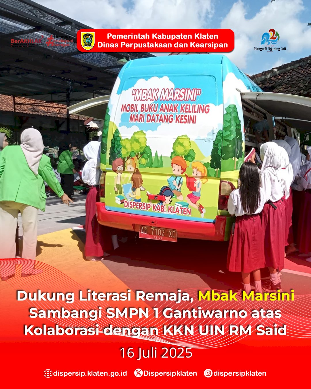 Dukung Literasi Remaja, Mbak Marsini Sambangi SMPN 1 Gantiwarno atas Kolaborasi dengan KKN UIN Raden Mas Said