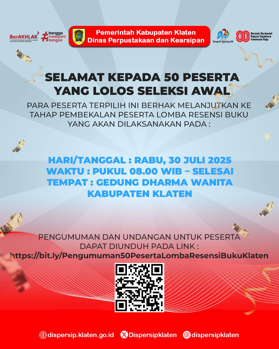 Pengumuman Peserta Lolos Seleksi Awal Lomba Resensi Buku Tingkat SMP Tahun 2025