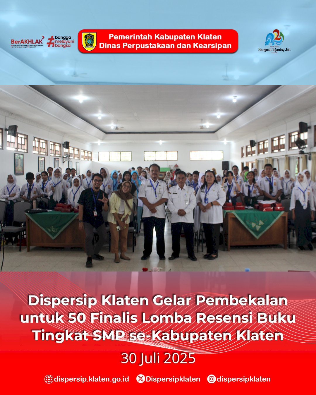 Dispersip Klaten Gelar Pembekalan untuk 50 Finalis Lomba Resensi Buku Tingkat SMP se-Kabupaten Klaten