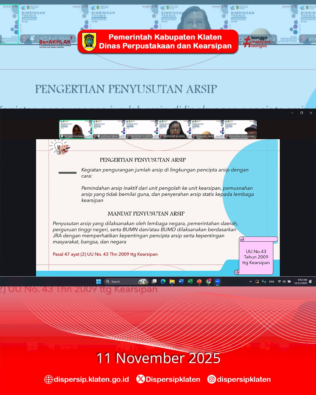 Dispersip Klaten Gelar Bimtek Pemusnahan Arsip bagi Seluruh Perangkat Daerah secara Daring