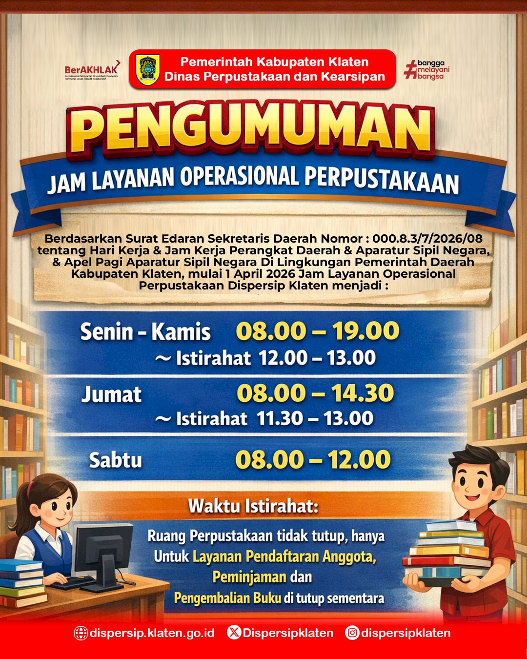 Penyesuaian Jam Layanan Operasional Perpustakaan Dispersip Klaten Tahun 2026