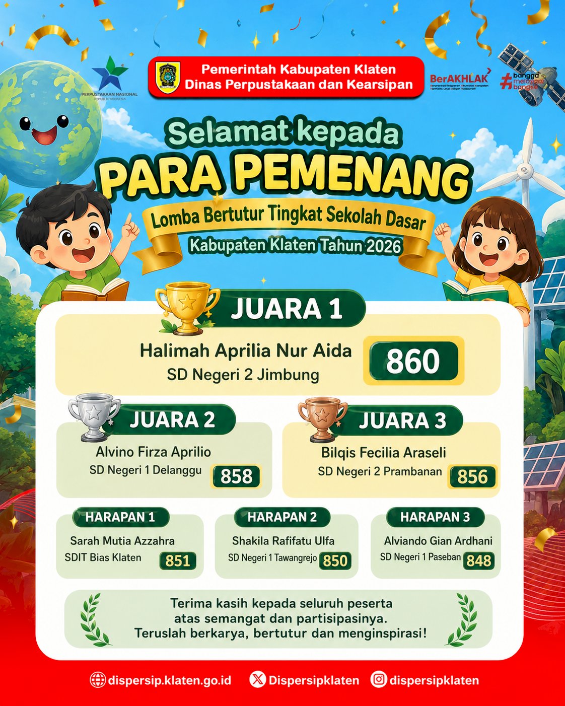 Pengumuman Juara Lomba Bertutur SD Tingkat Kabupaten Klaten Tahun 2026