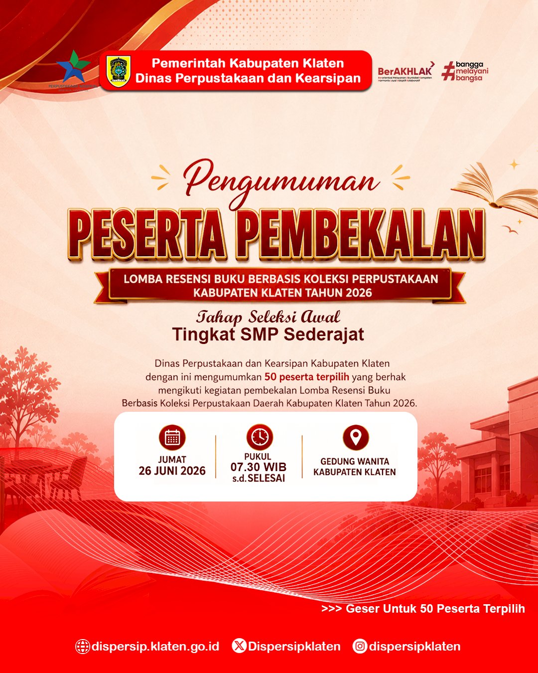 Peserta Lolos Tahap Seleksi Awal Lomba Resensi Buku Berbasis Koleksi Perpustakaan Tingkat SMP Tahun 2026
