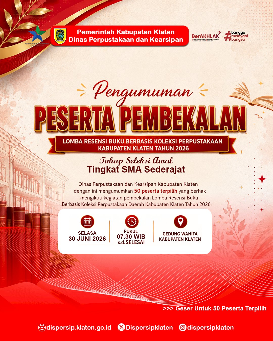 Peserta Lolos Tahap Seleksi Awal Lomba Resensi Buku Berbasis Koleksi Perpustakaan Tingkat SMA Tahun 2026