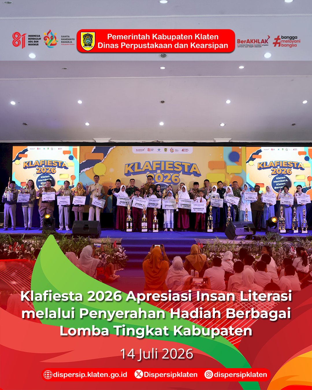 Klafiesta 2026 Apresiasi Insan Literasi melalui Penyerahan Penghargaan Berbagai Lomba Tingkat Kabupaten