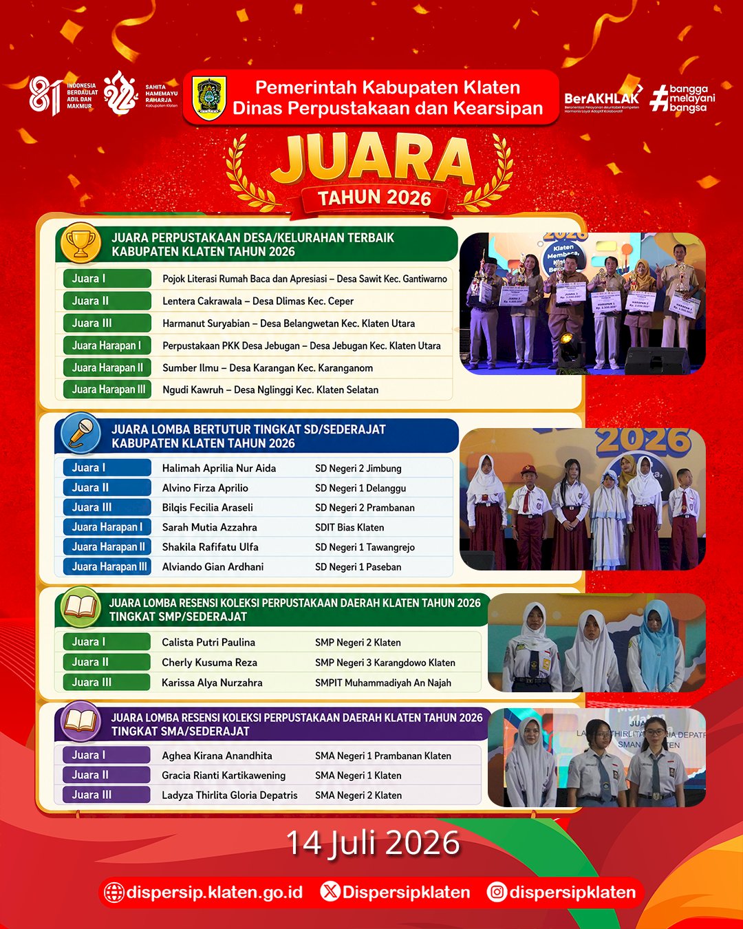 Klafiesta 2026 Apresiasi Insan Literasi melalui Penyerahan Penghargaan Berbagai Lomba Tingkat Kabupaten