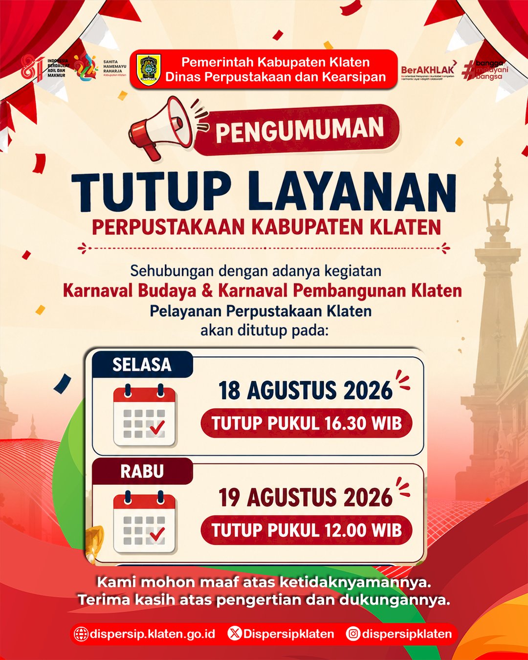 Tutup Layanan Perpustakaan Kabupaten Klaten terkait Karnaval Pembangunan 2026